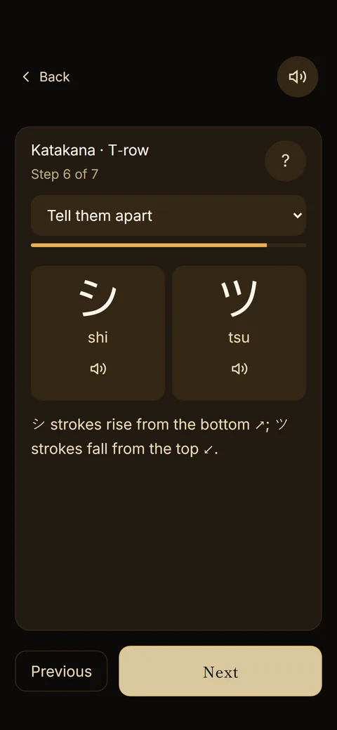 Katakana lesson step Tell them apart: シ, shi, beside ツ, tsu, with a note on which way the strokes run